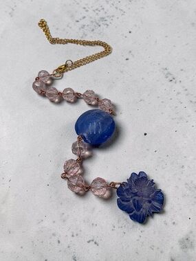 Blue & Blush Beaded Car Charm with Floral Pendant